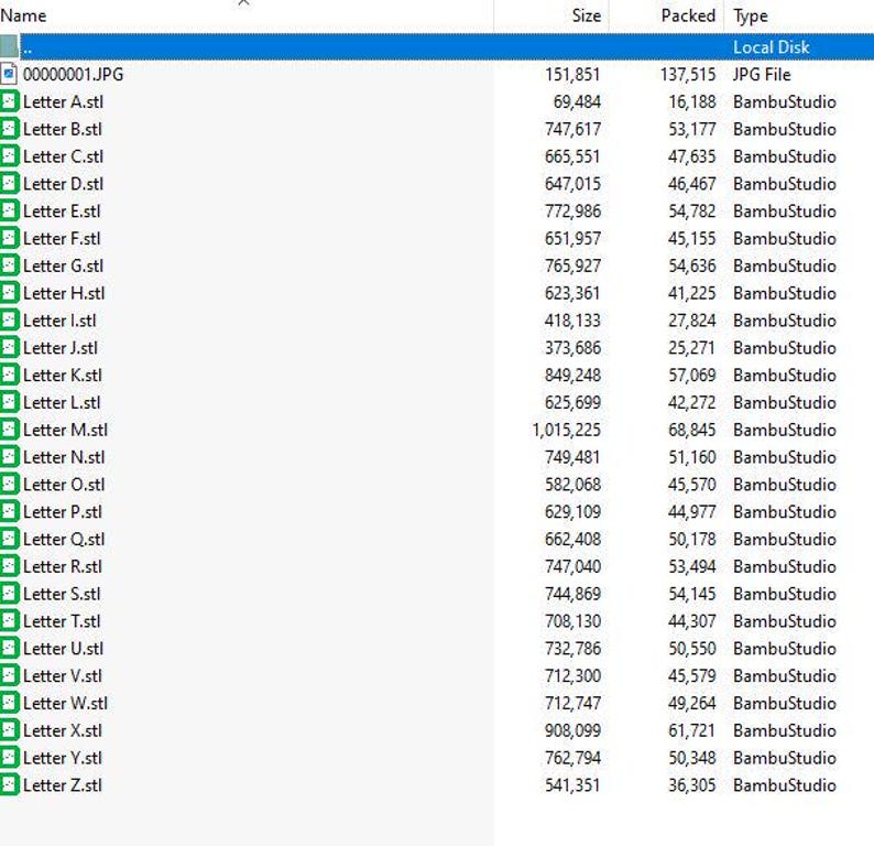 May include: A digital file directory list displaying a series of 3D model files labeled Letter A.stl through Letter Z.stl, each associated with the BambuStudio software, alongside their respective file sizes and packed data values in a table format.