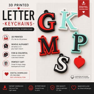 Alphabet Keychain STL File: 3D Printer Letters (Digital Download). Perfect for teacher appreciation, team player gifts, or a girlfriend gift