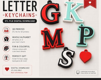 Alphabet Keychain STL File: 3D Printer Letters (Digital Download). Perfect for teacher appreciation, team player gifts, or a girlfriend gift