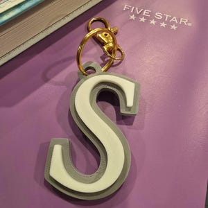 May include: A letter S keychain featuring a layered design with a white top layer and a gray base layer. The letter is attached to a gold-colored metal split ring and a lobster claw clasp, providing a secure way to attach the item to other objects.