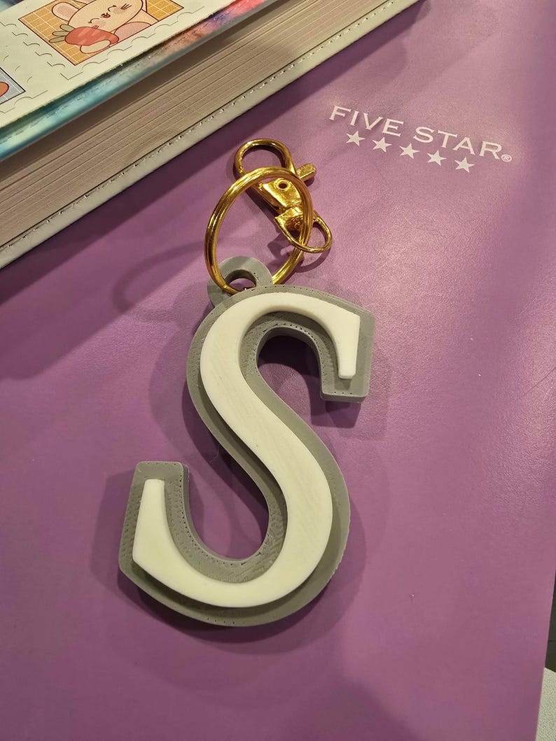 May include: A letter S keychain featuring a layered design with a white top layer and a gray base layer. The letter is attached to a gold-colored metal split ring and a lobster claw clasp, providing a secure way to attach the item to other objects.