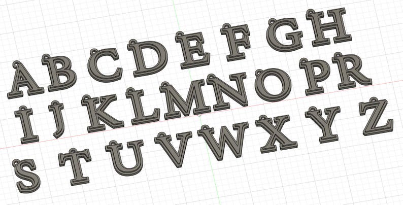 May include: A collection of individual gray letter charms from A to Z, each featuring a raised border and a small loop at the top for attachment. The letters are arranged in three rows against a light grid background, showcasing a uniform design.