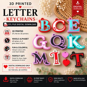 STL File for 3D printer: Letters KEYCHAIN, Whole Alphabet letters keychain plus a heart charm, initials, 3D DIGITAL file. Instant download.