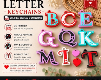 STL File for 3D printer: Letters KEYCHAIN, Whole Alphabet letters keychain plus a heart charm, initials, 3D DIGITAL file. Instant download.