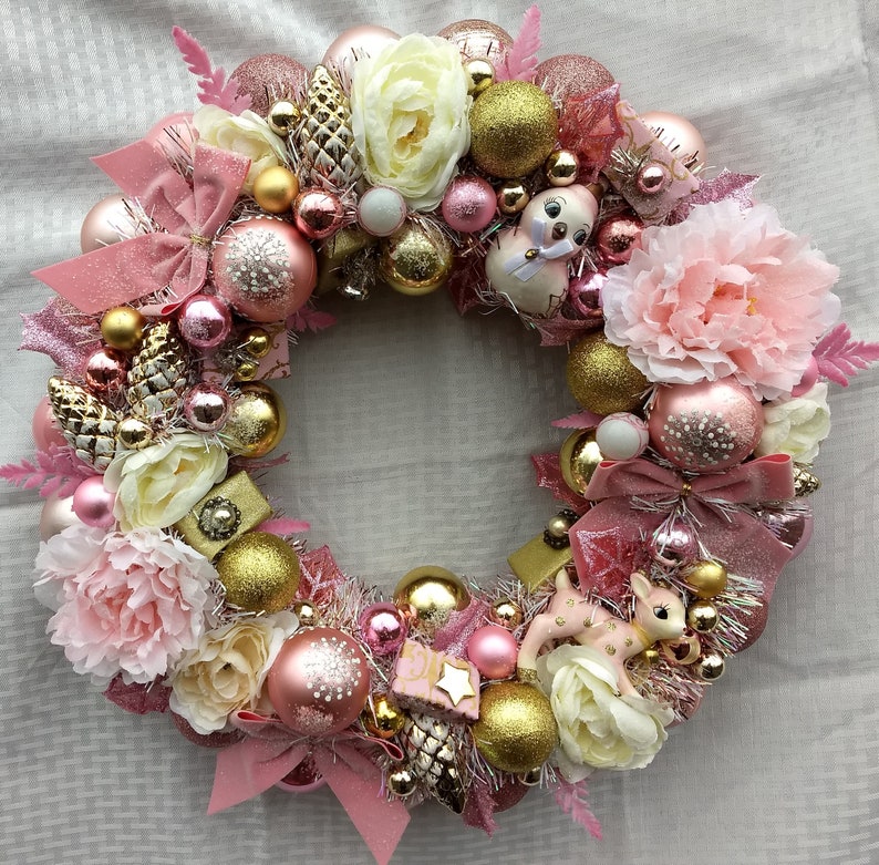 Pink /& Gold Floral Christmas Cutie Ornament Wreath