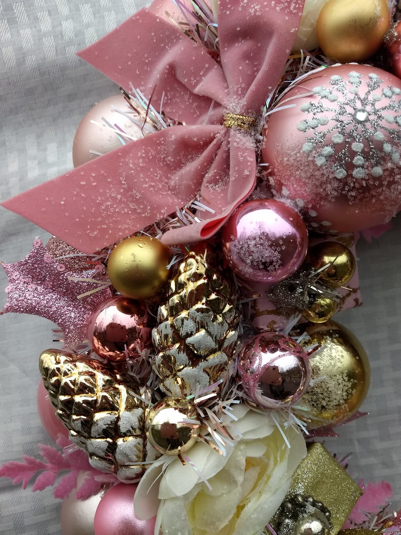 Pink /& Gold Floral Christmas Cutie Ornament Wreath