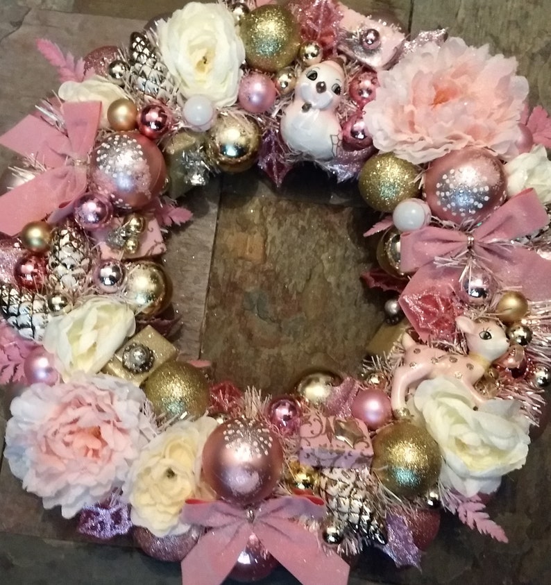 Pink /& Gold Floral Christmas Cutie Ornament Wreath