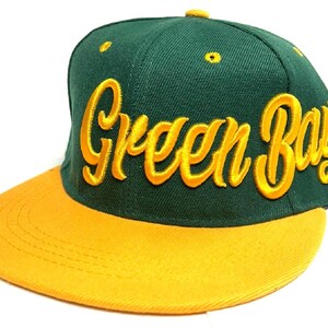 Green Bay City Fully Embroidered Hat Cap Two Tone Script Adult Men's Snapback
