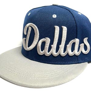 Dallas City Fully Embroidered Blue Hat Cap Two Tone Script Flat Brim Men's Snapback