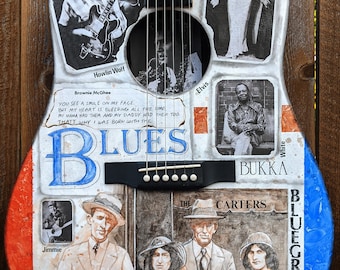 Tema de los grandes del blues y el bluegrass, guitarra acústica ilustrada con Howlin Wolf, The Carters y Bessie Smith