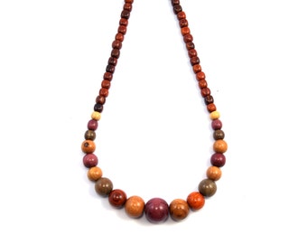 Unique boho jewelry eco jewelry exotic wood string pendant necklace - Multicolor beads gradual - EE340
