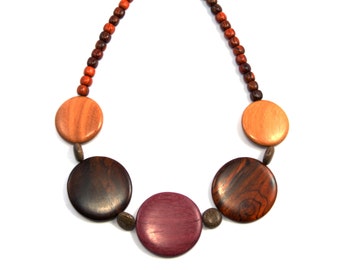 Unique boho jewelry eco jewelry exotic wood string pendant necklace - Large multicolor rounds EE3202