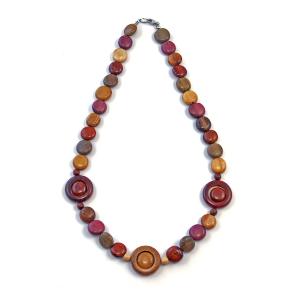 Unique string exotic wood necklace - Multicolor triple eyes - EE2180