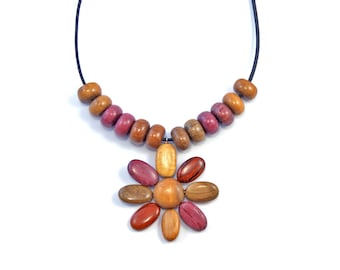 Unique string exotic wood necklace - Flower Pendant - EE213