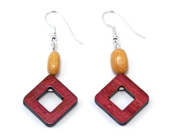 Tica Surf Unique Exotic Wood Pendant Earrings - Square Frame - EE1088
