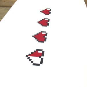 May include: A white background with four red pixelated hearts in a vertical line. The hearts are in a classic video game style.