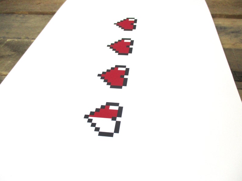 May include: A white background with four red pixelated hearts in a vertical line. The hearts are in a classic video game style.