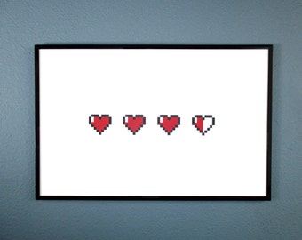 8-bit Hearts Poster inspired by classic video games like the Zelda series