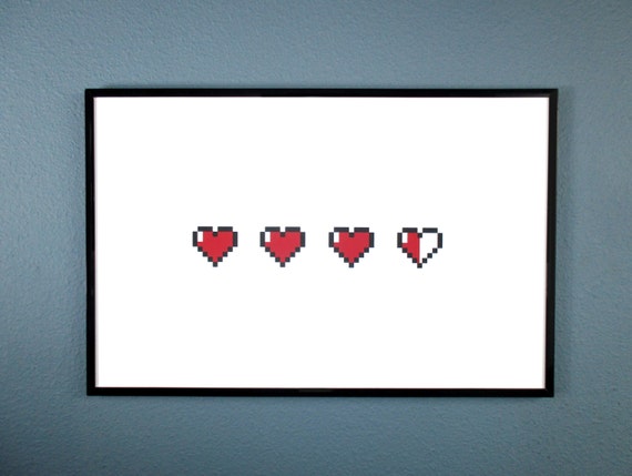 8-bit Hearts Poster inspired by classic video games like the Zelda series