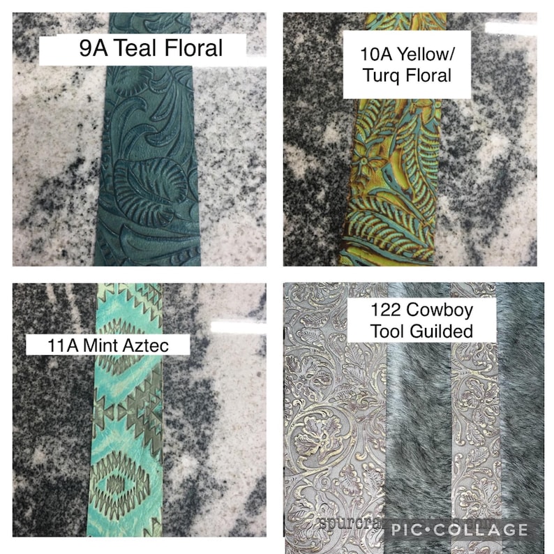 May include: Four different leather samples with embossed designs. The samples are labeled 9A Teal Floral, 10A Yellow/Turq Floral, 11A Mint Aztec, and 122 Cowboy Tool Guilded.