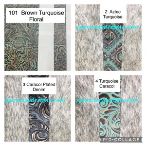 May include: Four different leather designs for a western style belt. The designs are: Brown Turquoise Floral, Aztec Turquoise, Caracol Plated Denim, and Turquoise Caracol.