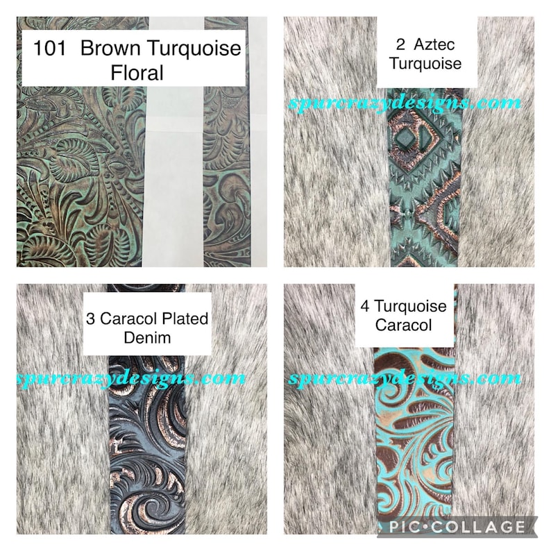 May include: Four different leather designs for a western style belt. The designs are: Brown Turquoise Floral, Aztec Turquoise, Caracol Plated Denim, and Turquoise Caracol.