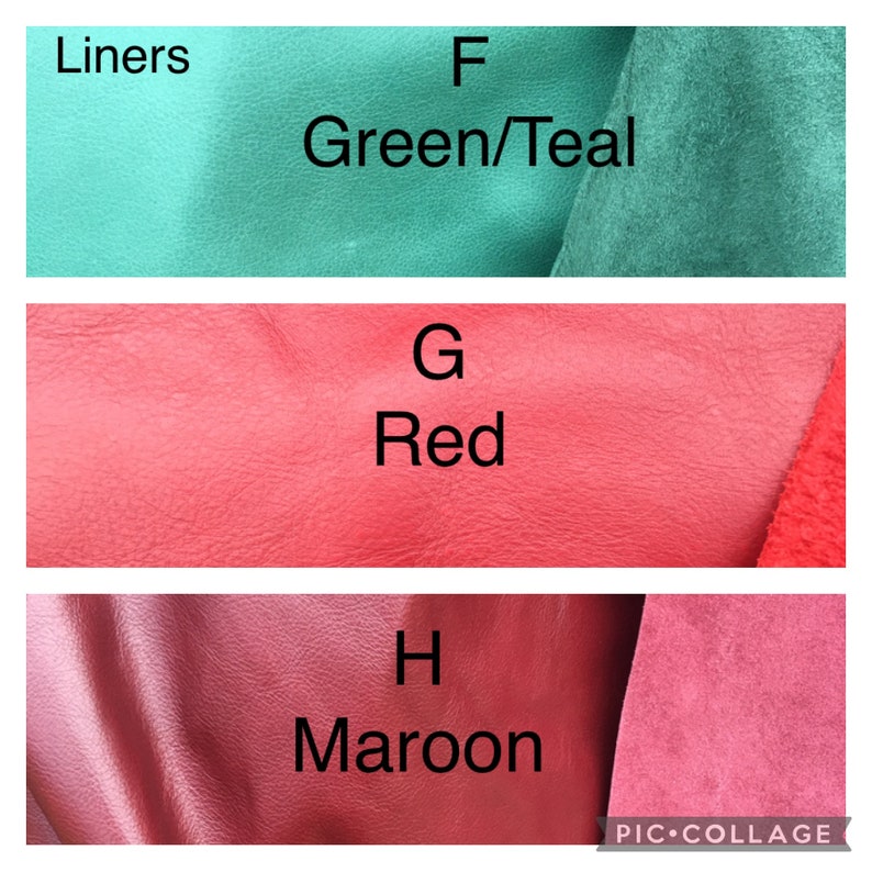 K&ouml;nnte beinhalten: Eine Collage aus drei Stoffeinlagen mit der Beschriftung F Green/Teal, G Red und H Maroon. Jeder Abschnitt zeigt eine eigene Farbe und Materialbeschaffenheit, wobei der Text jede Option in einer gitterartigen Anordnung klar benennt.