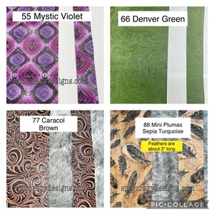 May include: Four different leather swatches with embossed patterns. The swatches are labeled with numbers and names: 55 Mystic Violet, 66 Denver Green, 77 Caracol Brown, and 88 Mini Plumas Sepia Turquoise. The last swatch also includes the text "Feathers are about 3" long".