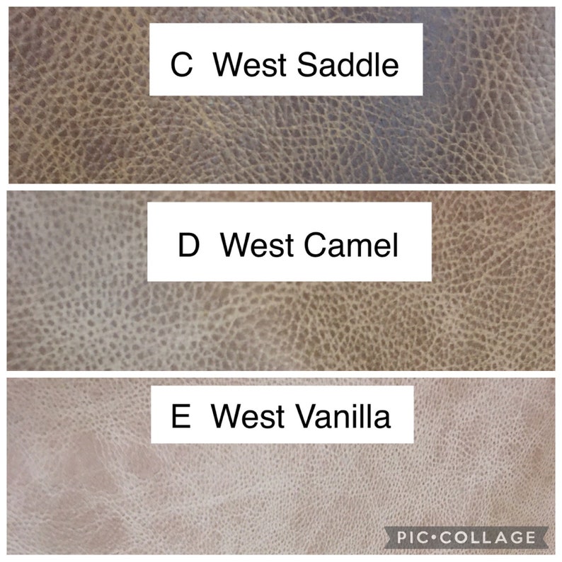 K&ouml;nnte beinhalten: Eine dreiteilige Collage mit strukturierten Ledermustern in verschiedenen Farbt&ouml;nen. Der obere Bereich ist braun und mit C West Saddle beschriftet, die Mitte ist hellbraun mit D West Camel und unten ist hellbeige mit E West Vanilla beschriftet.
