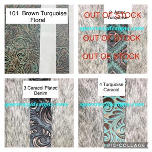 K&ouml;nnte beinhalten: Eine Collage aus vier G&uuml;rtelriemen mit verschiedenen Mustern. Oben links: 101 Brown Turquoise Floral. Oben rechts: 2 Aztec Turquoise mit der Aufschrift OUT OF STOCK. Unten links: 3 Caracol Plated Denim. Unten rechts: 4 Turquoise Caracol. Alle Riemen zeigen gepr&auml;gte Designs.