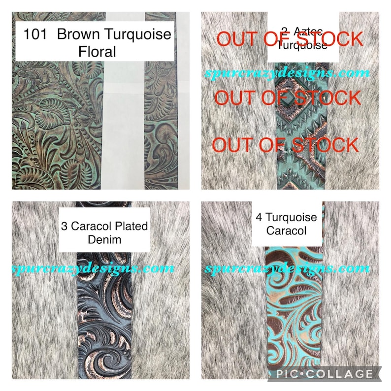 K&ouml;nnte beinhalten: Eine Collage aus vier G&uuml;rtelriemen mit verschiedenen Mustern. Oben links: 101 Brown Turquoise Floral. Oben rechts: 2 Aztec Turquoise mit der Aufschrift OUT OF STOCK. Unten links: 3 Caracol Plated Denim. Unten rechts: 4 Turquoise Caracol. Alle Riemen zeigen gepr&auml;gte Designs.