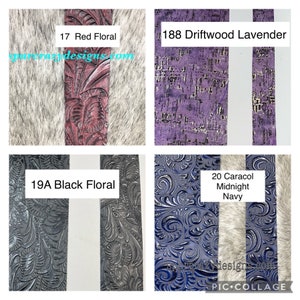 K&ouml;nnte beinhalten: Eine Collage aus vier Materialmustern: 17 Red Floral mit gepr&auml;gten Bl&auml;ttern, 188 Driftwood Lavender mit strukturierter violetter Oberfl&auml;che, 19A Black Floral mit komplexen Pr&auml;gemustern und 20 Caracol Midnight Navy mit wirbelnden Designs.