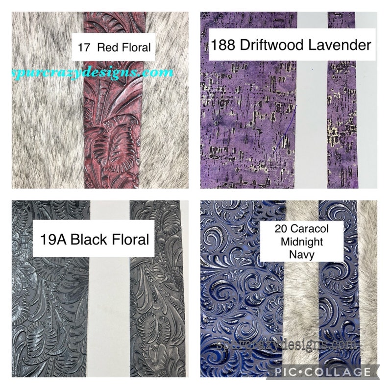 K&ouml;nnte beinhalten: Eine Collage aus vier Materialmustern: 17 Red Floral mit gepr&auml;gten Bl&auml;ttern, 188 Driftwood Lavender mit strukturierter violetter Oberfl&auml;che, 19A Black Floral mit komplexen Pr&auml;gemustern und 20 Caracol Midnight Navy mit wirbelnden Designs.