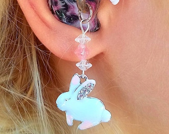 Hearing Aid Charms:  Jeweled White Bunny Rabbits with Shiny Acrylic Accent Beads!  Great for Easter Hearing Aid Jewelry or Bunny Lovers!