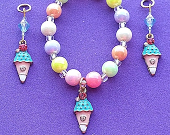 Bracelet: Super Sweet Jeweled Ice Cream Cone charm bracelet with pastel iridescent and glass beads (matching hearing aid charms available)!