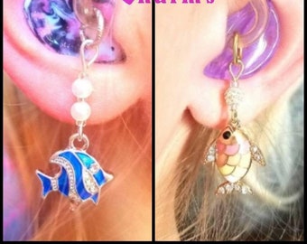 Hearing Aid Charms:  Beautiful Enamel Jeweled Rhinestone Pastel or Blue Fish with Silver Plated and Czech Glass Accent Beads!