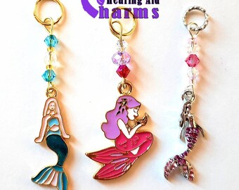 Hearing Aid Charms: Beautiful Pink or Blue Mermaids with Czech Glass and Swarovski Crystal Accent Beads!  3 styles to choose from!