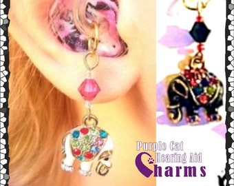 Hearing Aid Charms: Jeweled White or Black Elephants with Swarovski Crystals and Czech Glass Accent Beads!