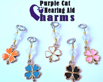 Hearing Aid Charms:  Petite and Cute 4 leaf Clovers with Czech Glass Accent Beads!  5 colors to choose from!