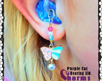 Hearing Aid Charms:  Gem Drop Striped Butterflies with Swarovski Crystal and Czech Glass Accent Beads!