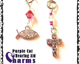 Hearing Aid Charms:  Beautiful Jeweled Crosses, Star of David or Jesus Fisherman of Men with Czech Glass Accent Beads!