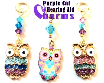 Hearing Aid Charms:  Beautiful Owls with Czech Glass and Swarovski Crystal Accent Beads!  2 different styles to choose from!