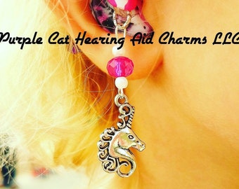 Hearing Aid Charms:  Antique Silver Majestic Unicorns with Dazzling Acrylic Accent Beads.