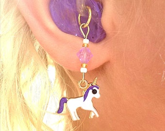 Hearing Aid Charms:  Sweet Petite White Unicorns with Glass and Czech Glass Accent Beads!  Available with pink or purple hair!