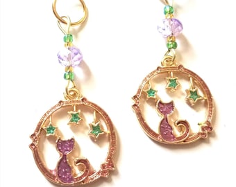Hearing Aid Charms:  Mystical Purple Cat Gold Tinted Hoops with Glass and Czech Glass Accent Beads!