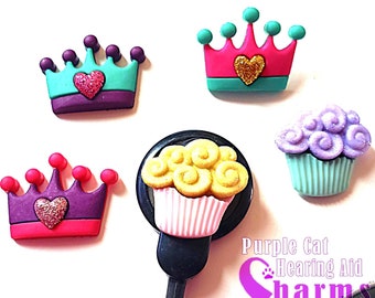 Cochlear/BAHA Cuties or Hearing Aid Tube Trinkets:  Glittery Princess Crowns and Cupcakes!  Please select quantity 2 for a pair!