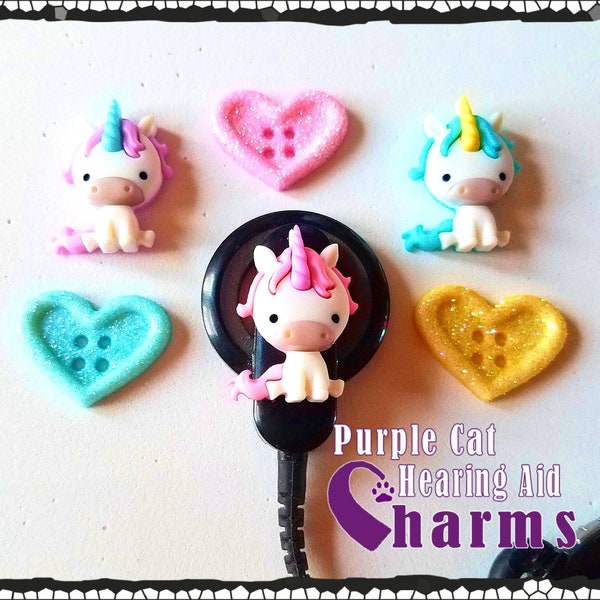 Cochlear Cuties and Hearing Aid Tube Trinkets:  Glittery Button Hearts and Cute Unicorns!  Please select quantity 2 for a pair!
