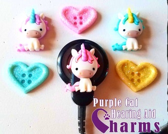 Cochlear Cuties and Hearing Aid Tube Trinkets:  Glittery Button Hearts and Cute Unicorns!  Please select quantity 2 for a pair!