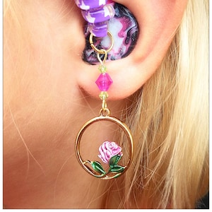 Hearing Aid Charms: Dainty Hooped Pink Roses with Czech Glass Accent Beads.  Wacky Twists sold separately. Gold plated!