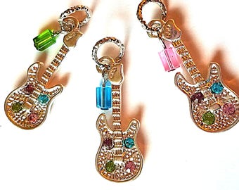 Hearing Aid Charms:  Shiny Silver Plated Jeweled Guitars with Glass and Czech Glass Accent Beads!